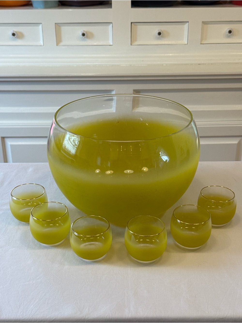 🍋 Vintage Blendo Yellow Frosted Punch Bowl Set 7 Pc Gold Rim Cups MCM Rare HTF